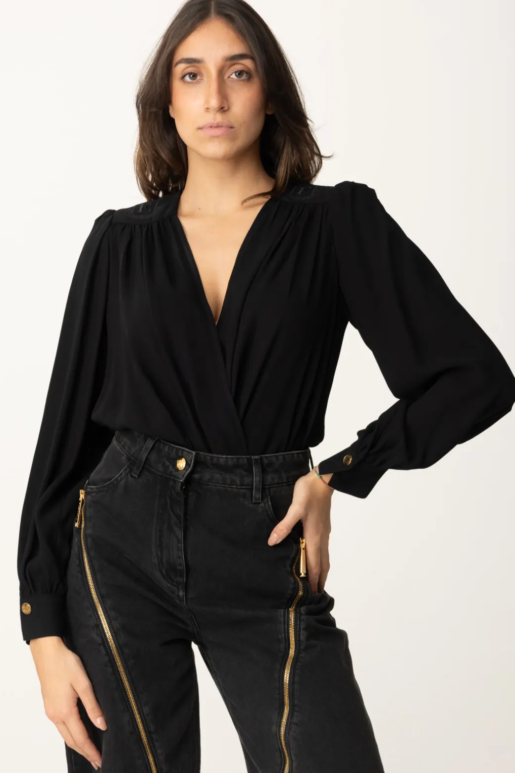 Donna Elisabetta Franchi Body a Incrocio con Ricamo Sulle Spalle