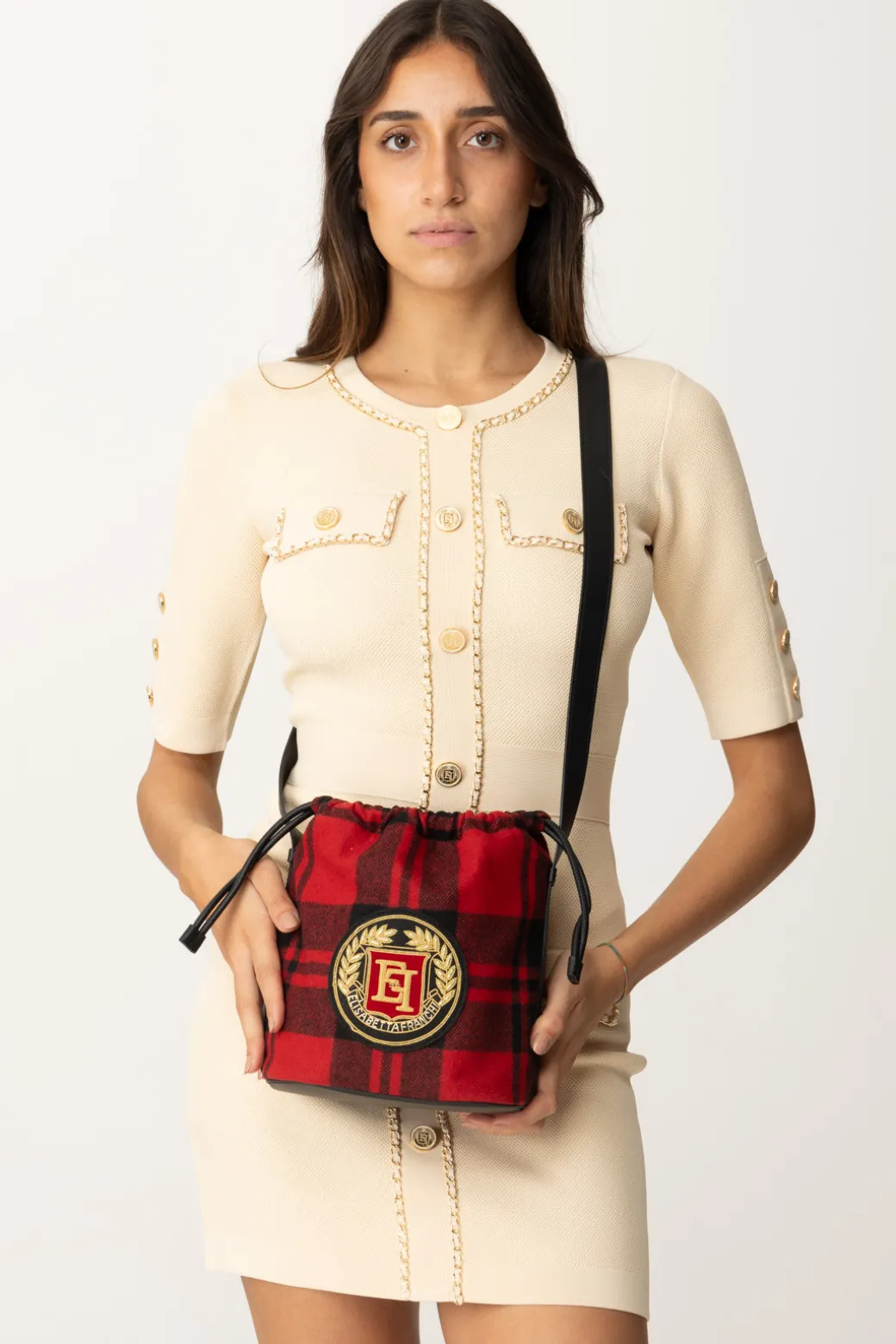 Donna Elisabetta Franchi Borsa a Secchiello In Lana Tartan
