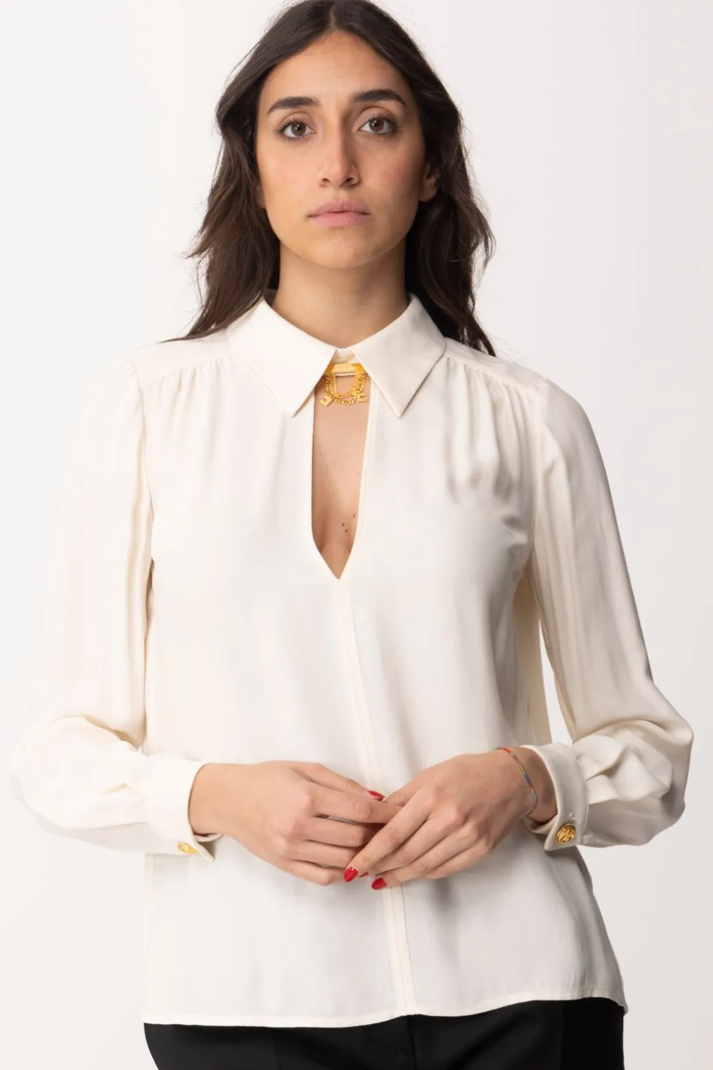 Donna Elisabetta Franchi Camicia con Accessorio Al Collo e Scollo Sul Retro