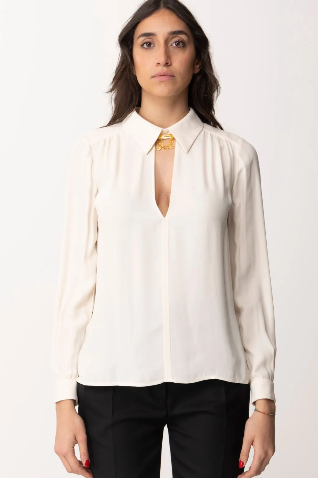 Donna Elisabetta Franchi Camicia con Accessorio Al Collo e Scollo Sul Retro