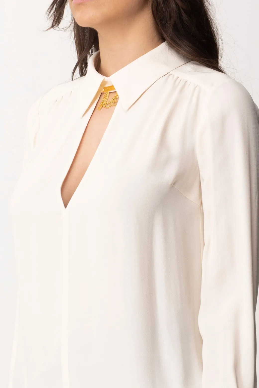 Donna Elisabetta Franchi Camicia con Accessorio Al Collo e Scollo Sul Retro