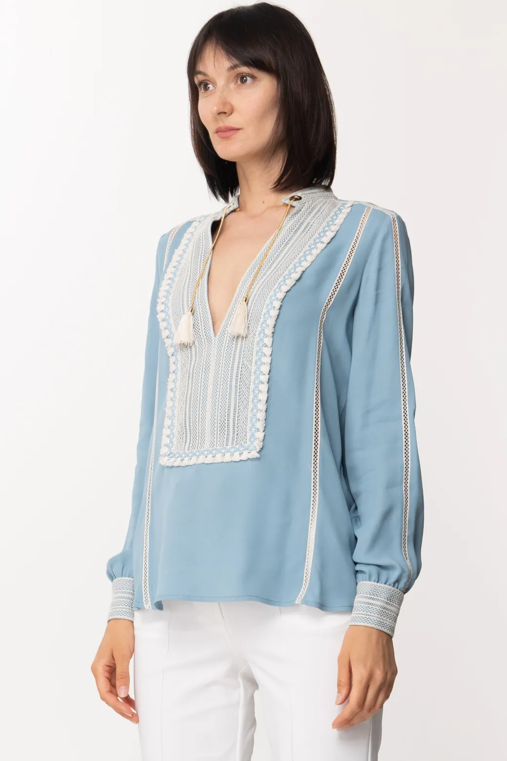 Donna Elisabetta Franchi Camicia con Plastron e Polsi In Pizzo