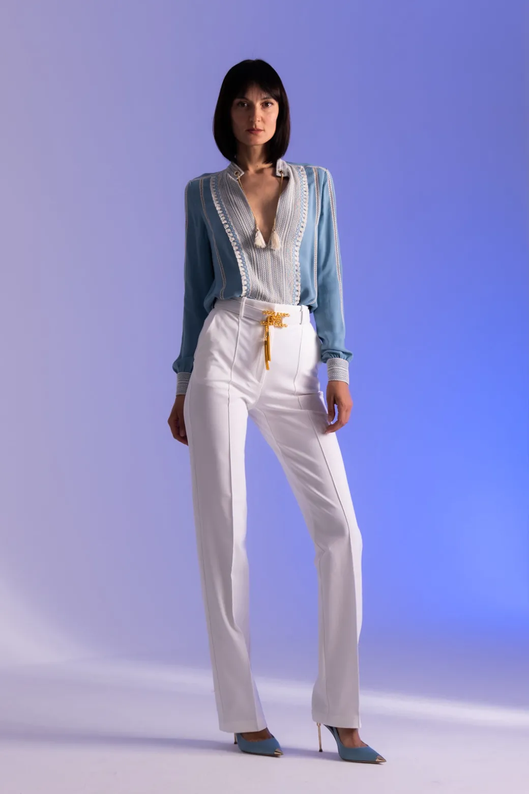Donna Elisabetta Franchi Camicia con Plastron e Polsi In Pizzo