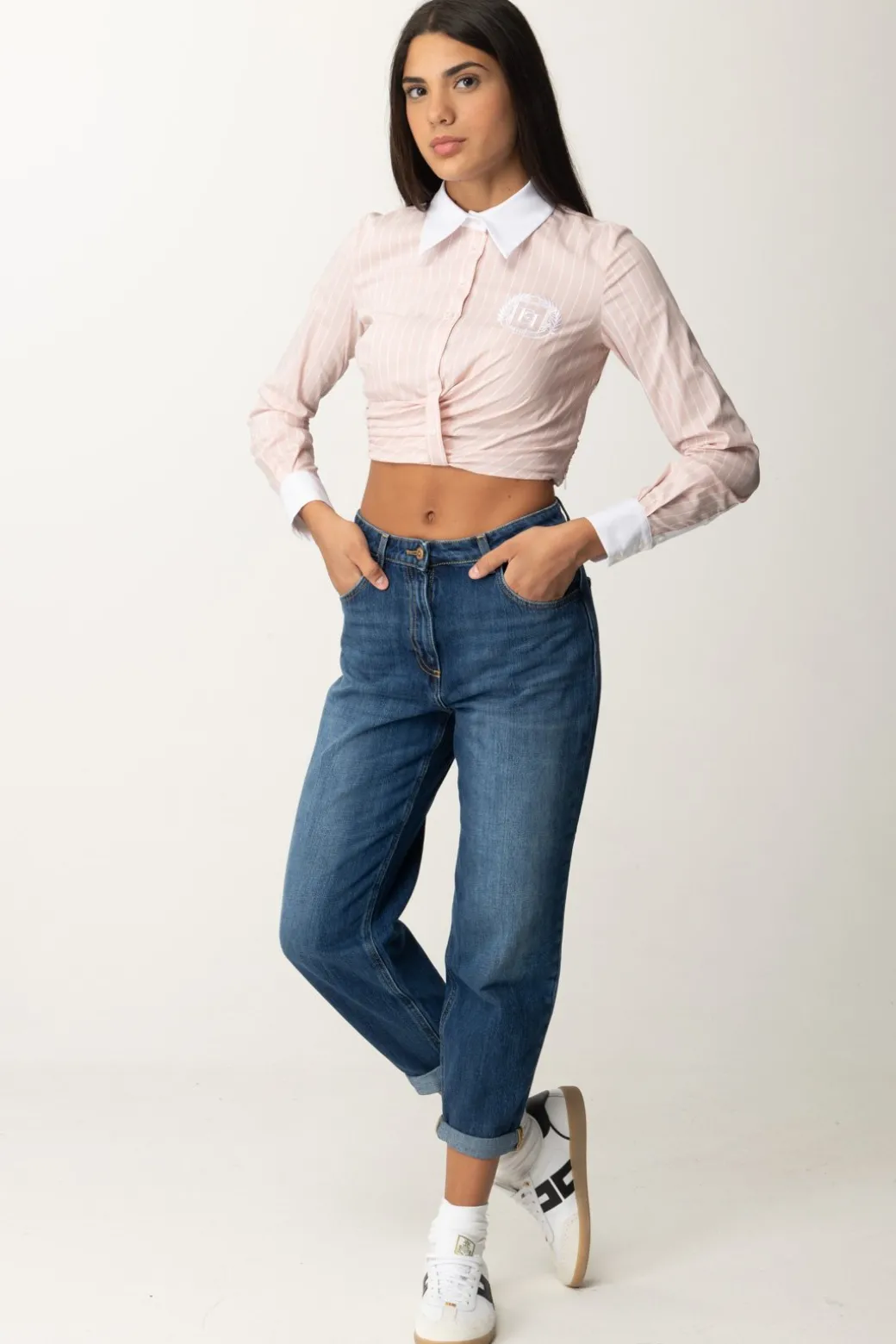 Donna Elisabetta Franchi Camicia Crop a Righe con Drappeggio