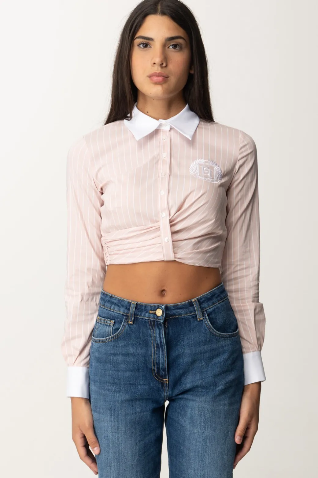 Donna Elisabetta Franchi Camicia Crop a Righe con Drappeggio