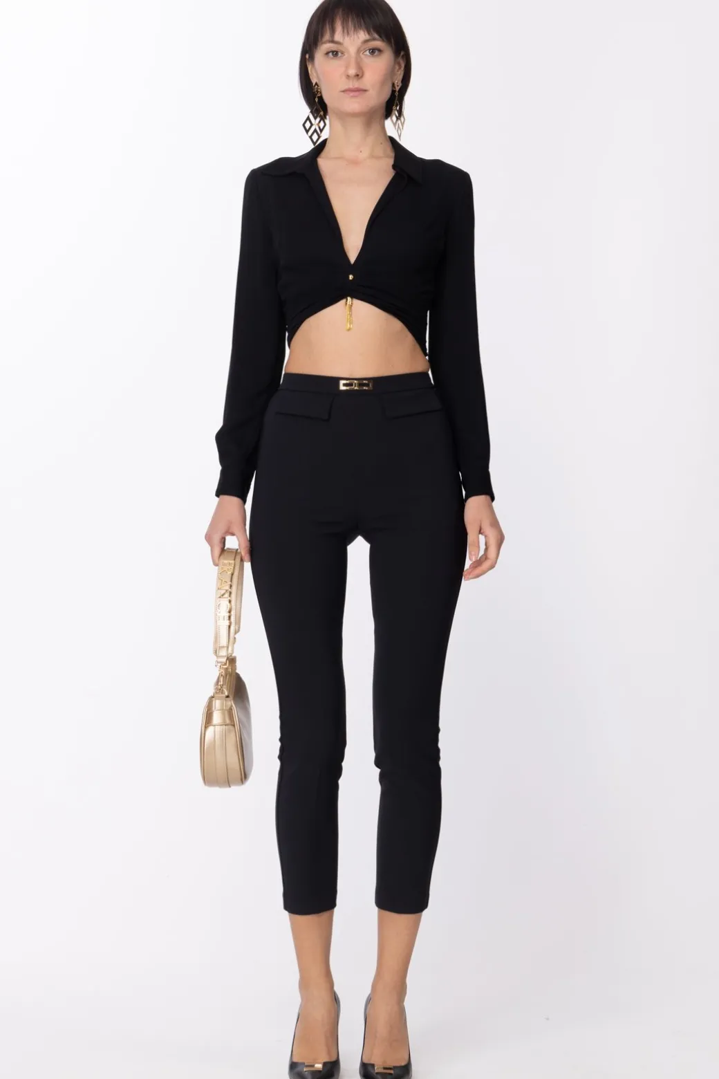 Donna Elisabetta Franchi Camicia Crop con Piercing e Nappa