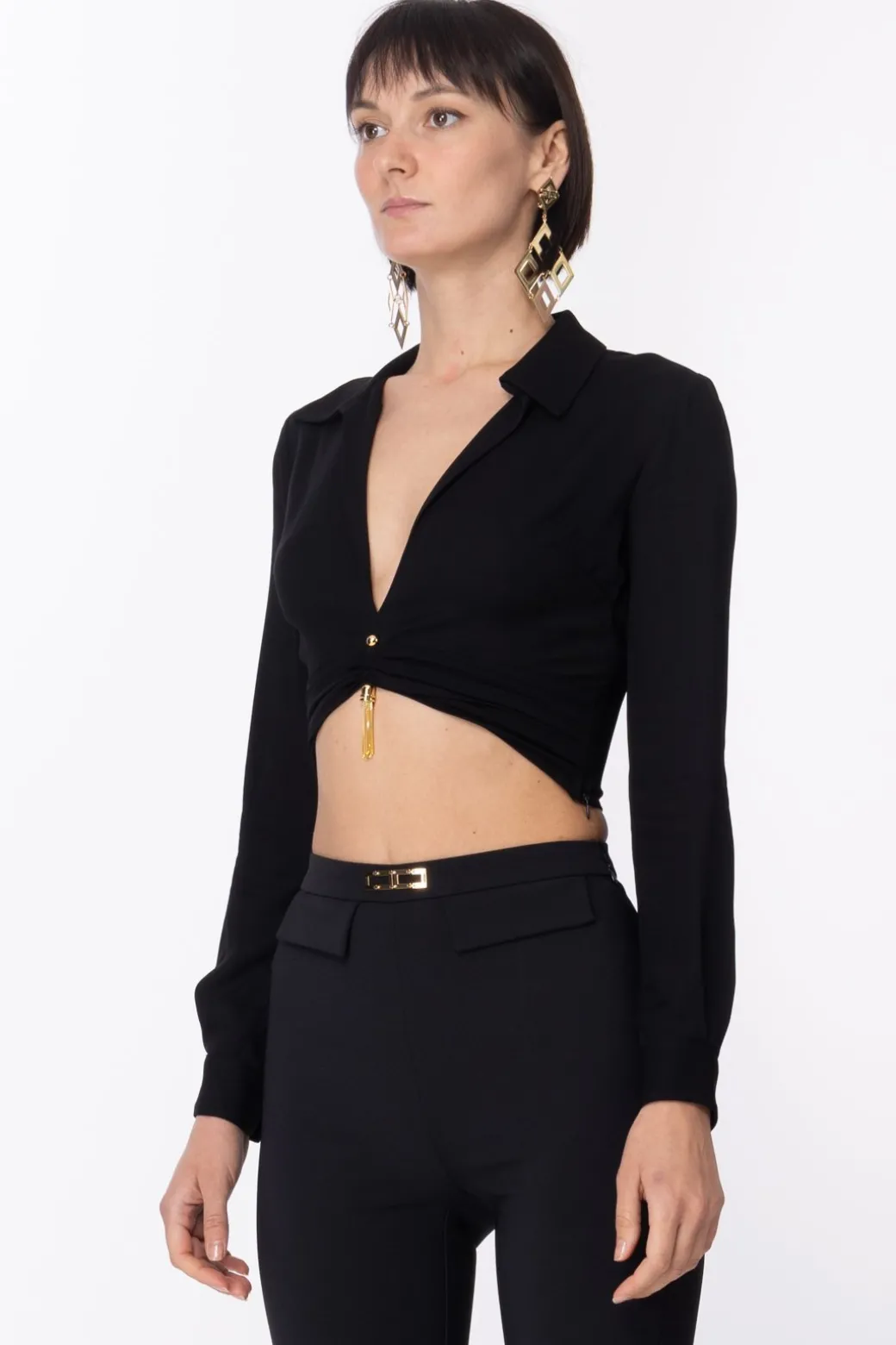 Donna Elisabetta Franchi Camicia Crop con Piercing e Nappa