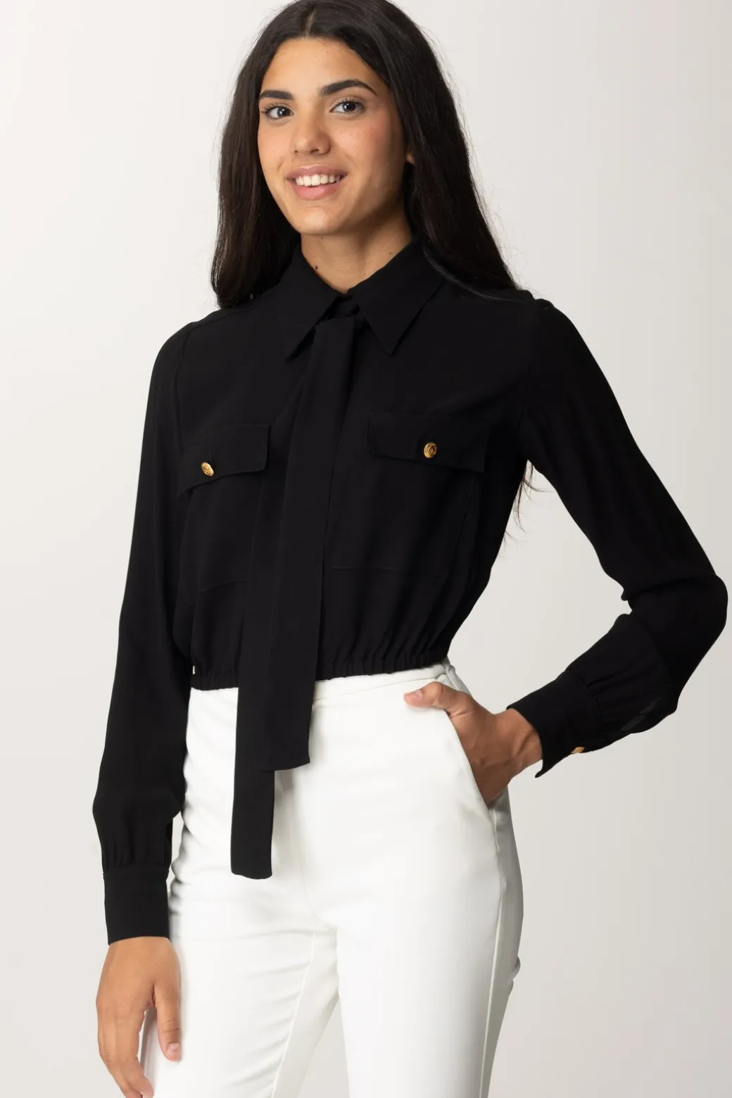 Donna Elisabetta Franchi Camicia Crop Georgette con Foulard