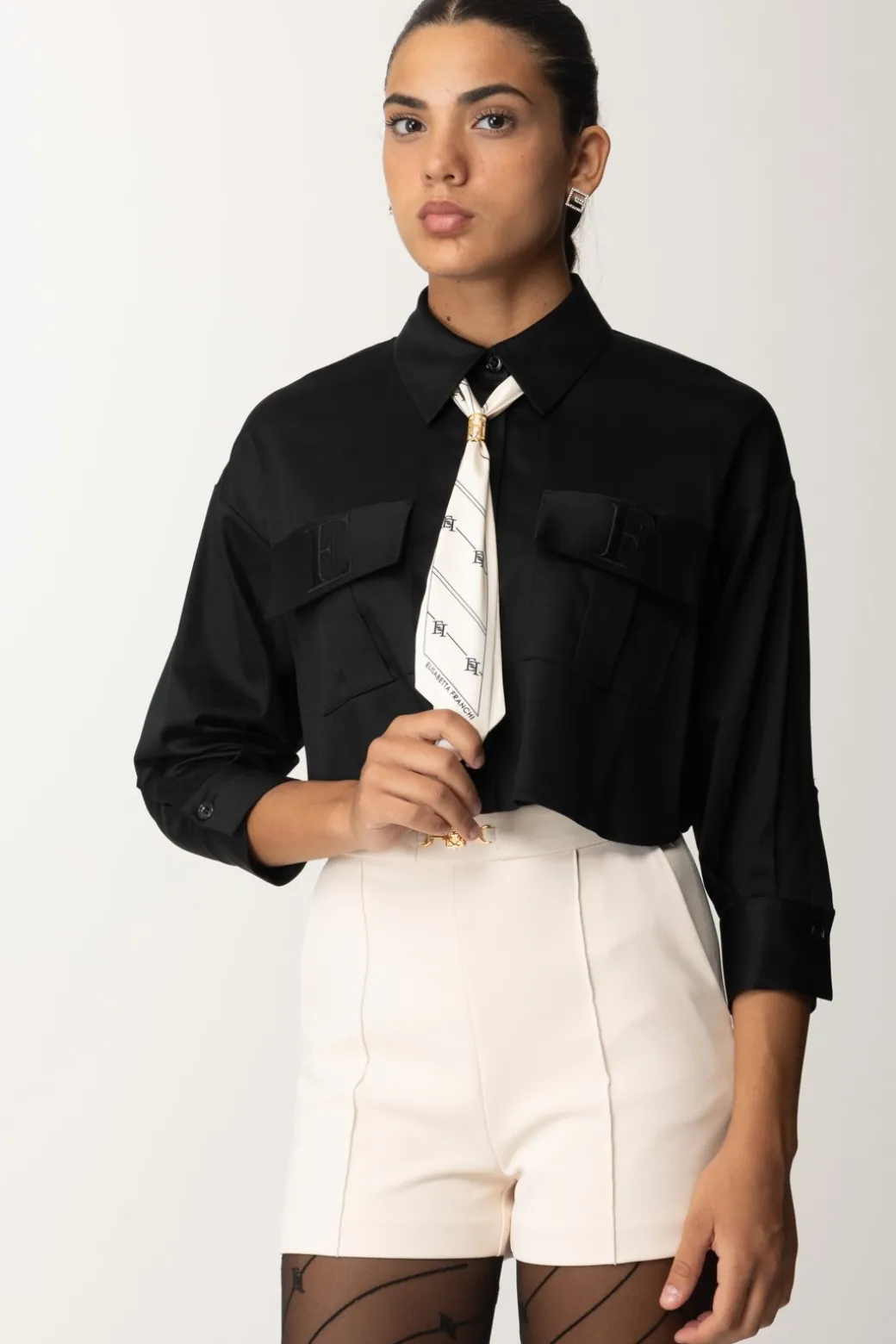 Donna Elisabetta Franchi Camicia Crop In Raso con Foulard