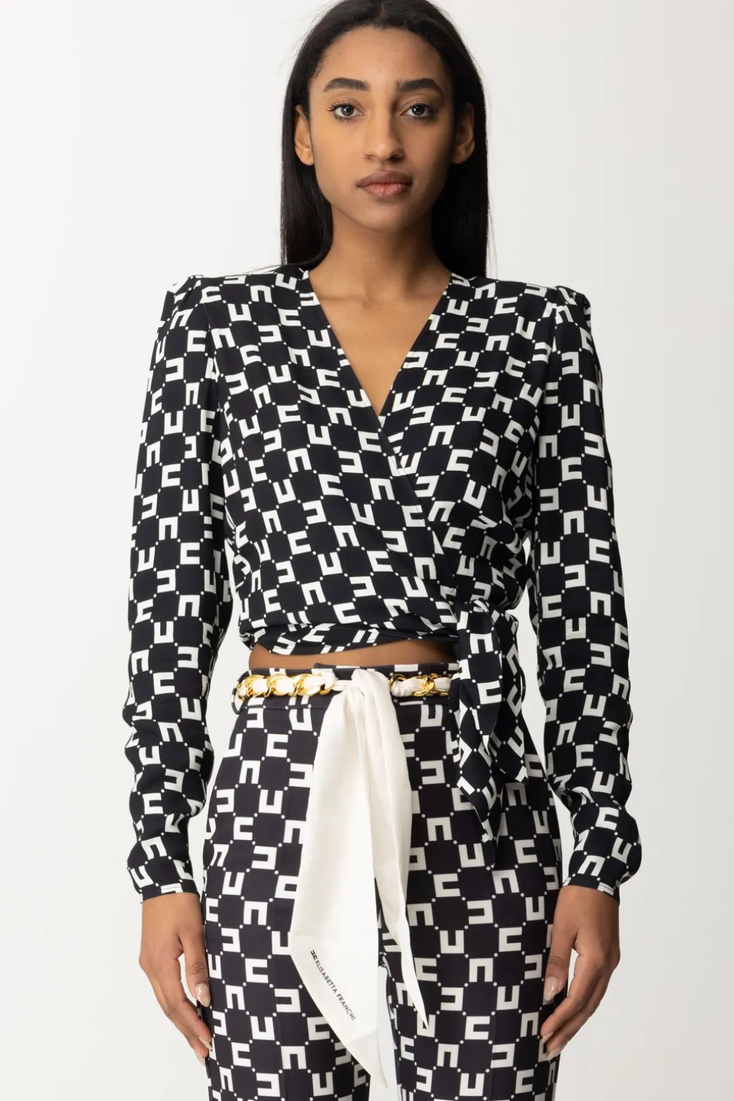 Donna Elisabetta Franchi Camicia Crop Stampa Logo con Nodo