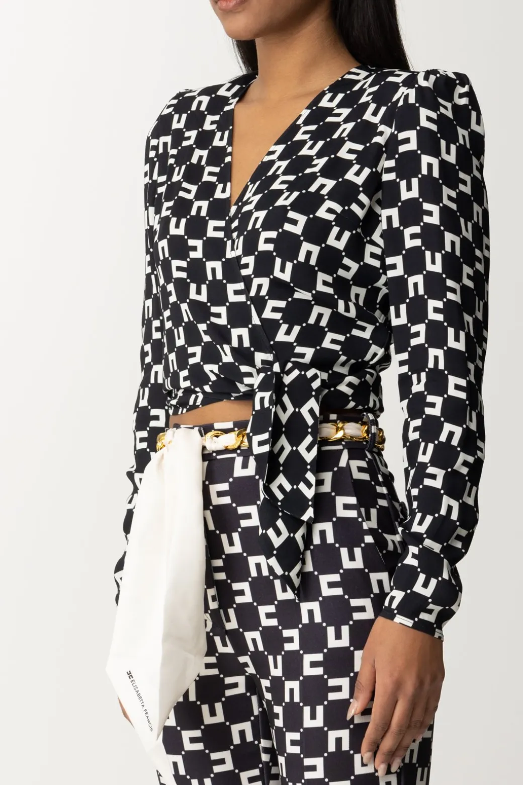 Donna Elisabetta Franchi Camicia Crop Stampa Logo con Nodo