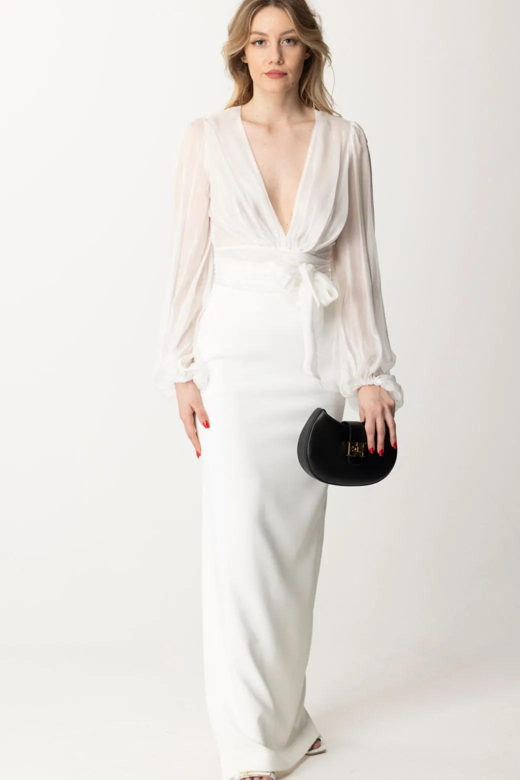 Donna Elisabetta Franchi Camicia In Voile Di Seta con Maniche Arricciate