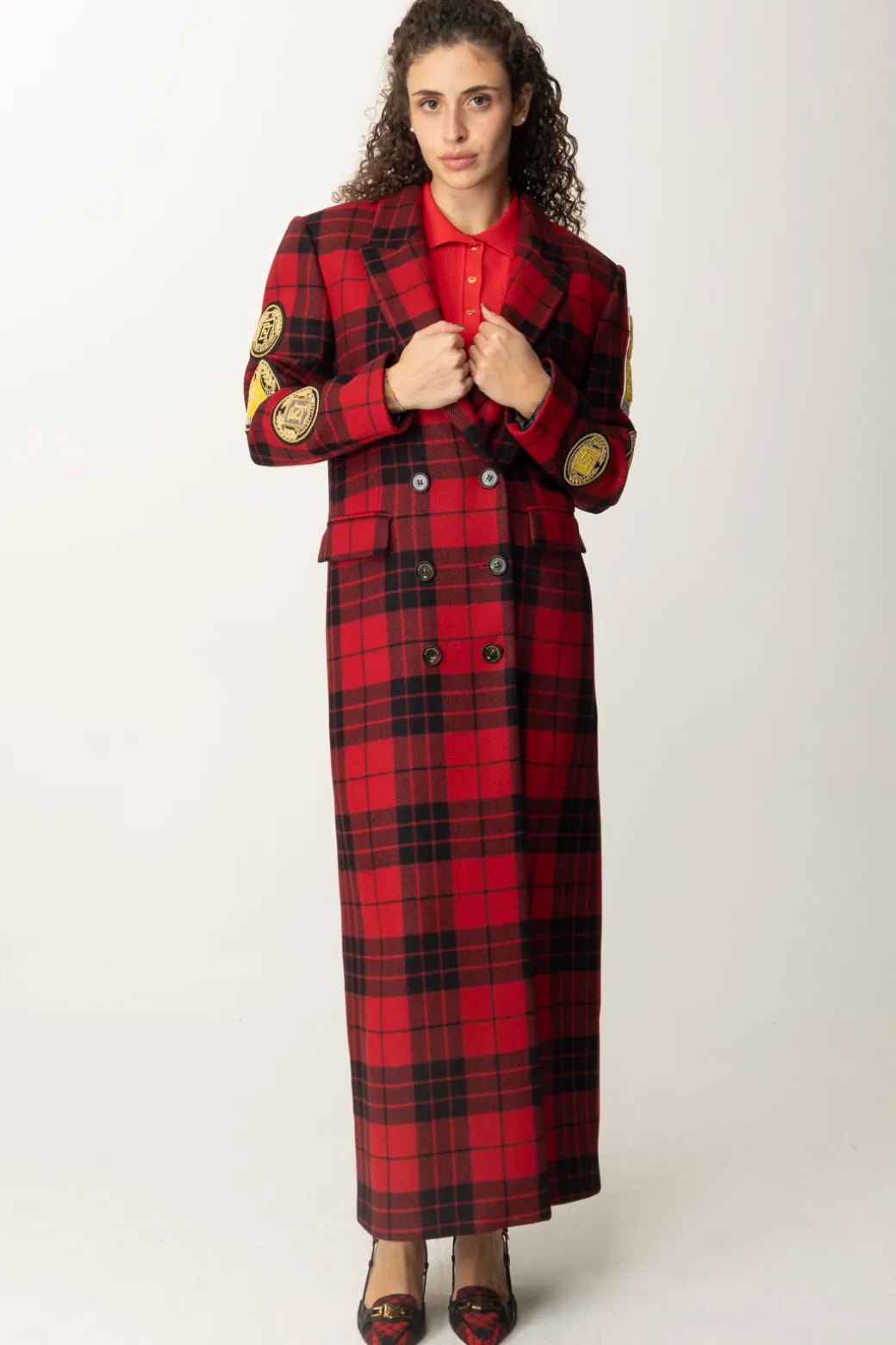 Donna Elisabetta Franchi Cappotto Lungo Doppiopetto Tartan