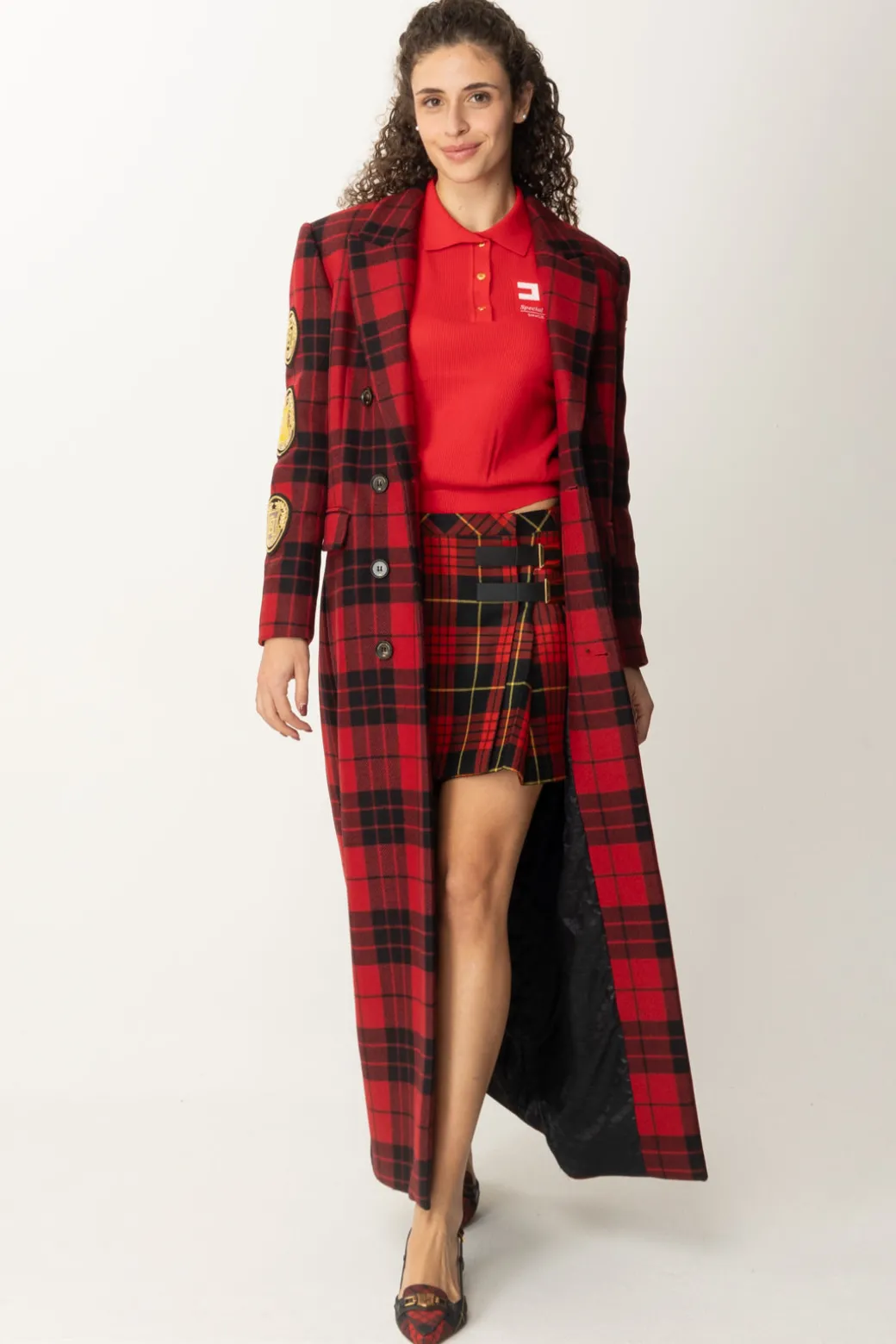 Donna Elisabetta Franchi Cappotto Lungo Doppiopetto Tartan