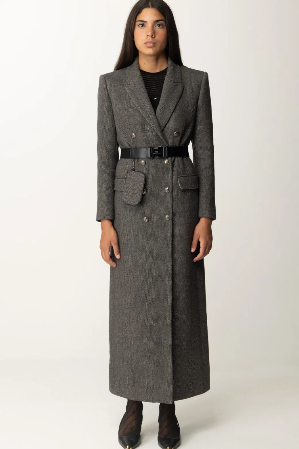Donna Elisabetta Franchi Cappotto Lungo In Misto Lana con Cintura