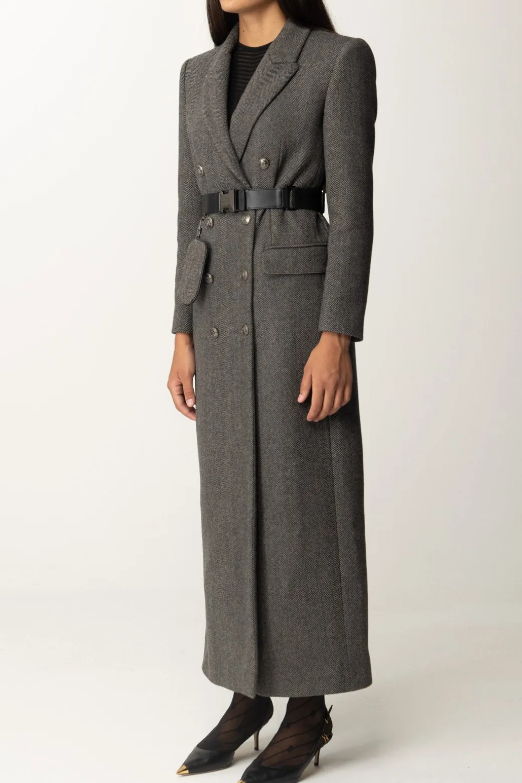 Donna Elisabetta Franchi Cappotto Lungo In Misto Lana con Cintura