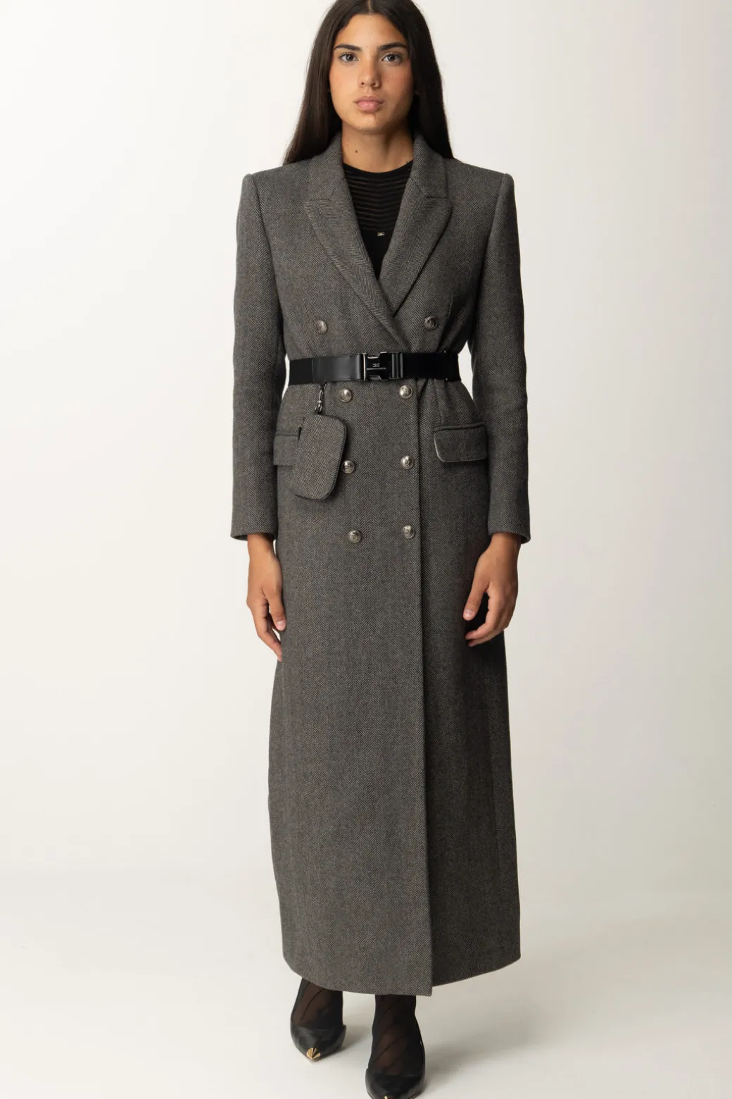 Donna Elisabetta Franchi Cappotto Lungo In Misto Lana con Cintura
