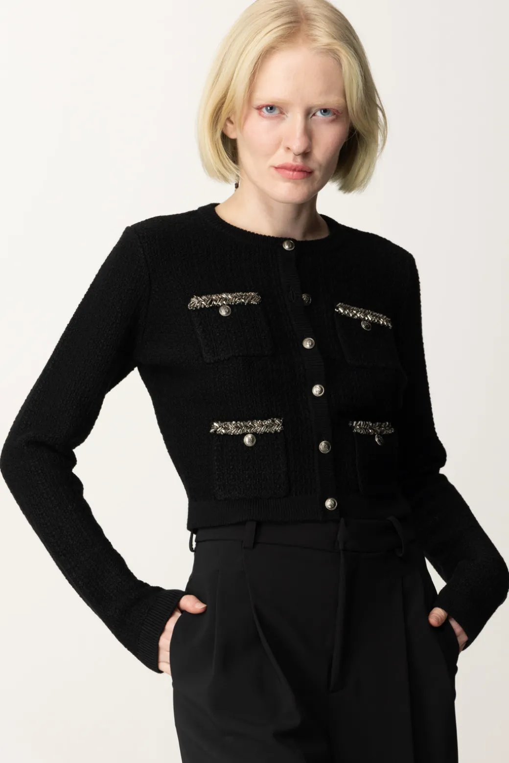 Donna Elisabetta Franchi Cardigan In Lana Bouclé con Ricamo