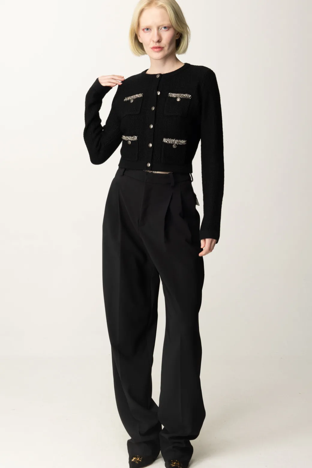 Donna Elisabetta Franchi Cardigan In Lana Bouclé con Ricamo