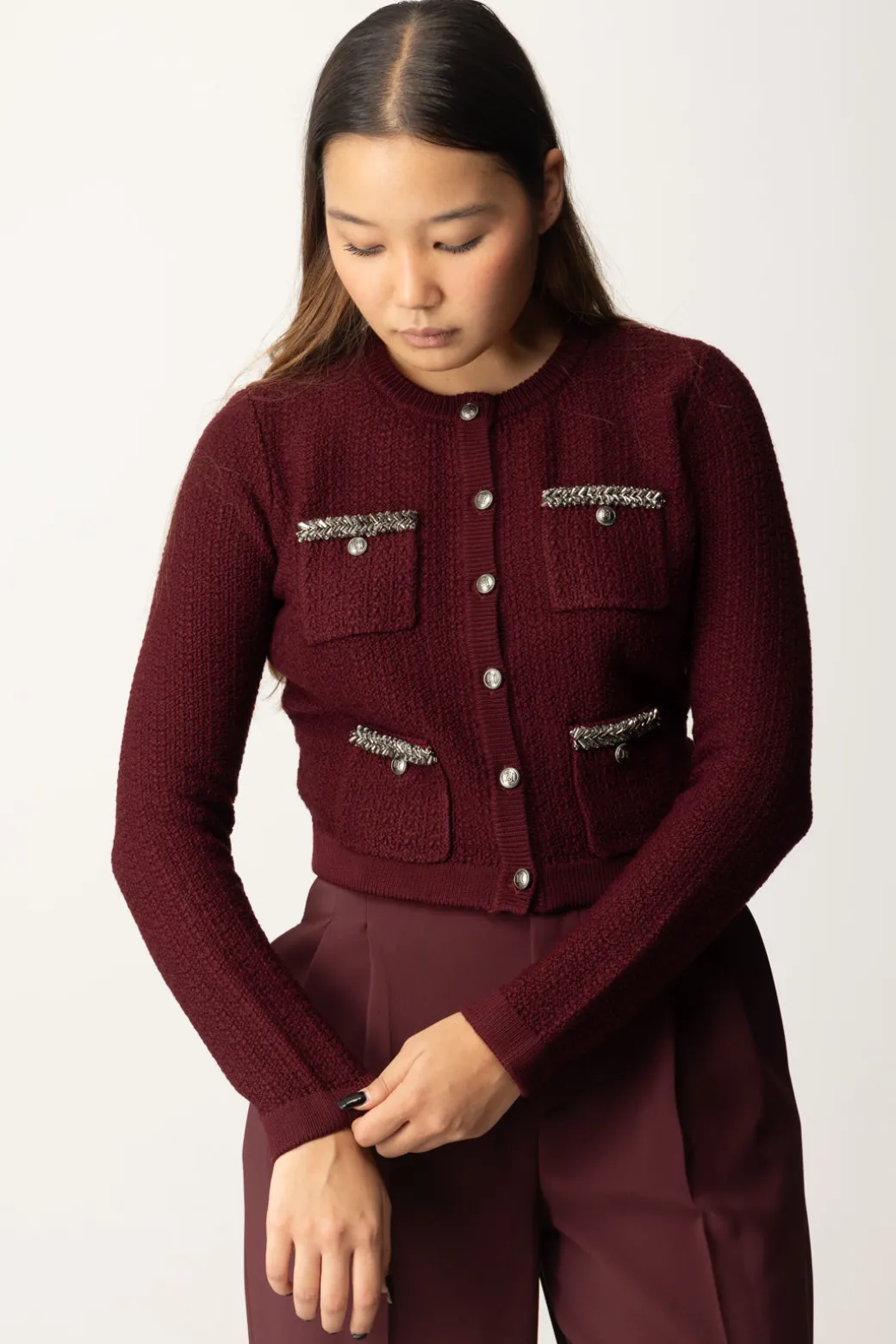 Donna Elisabetta Franchi Cardigan In Lana Bouclé con Ricamo