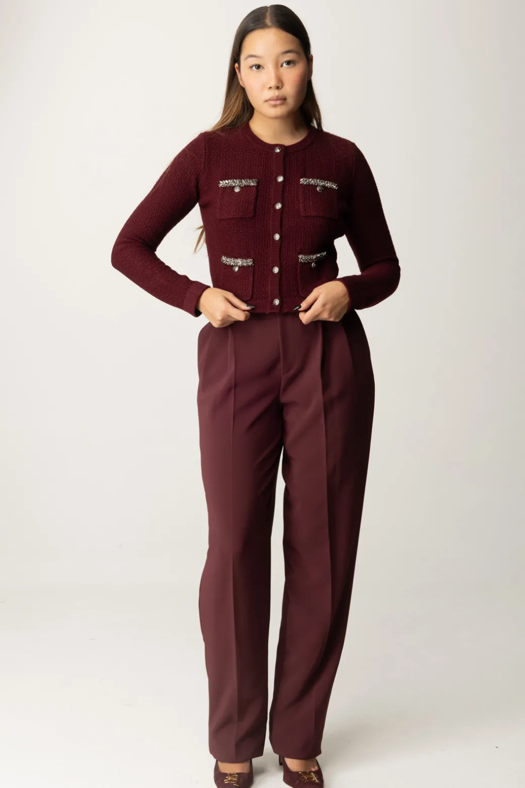 Donna Elisabetta Franchi Cardigan In Lana Bouclé con Ricamo