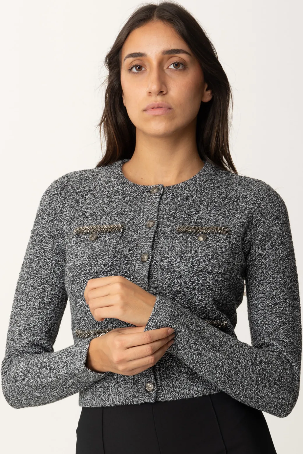 Donna Elisabetta Franchi Cardigan In Lana Bouclé con Ricamo