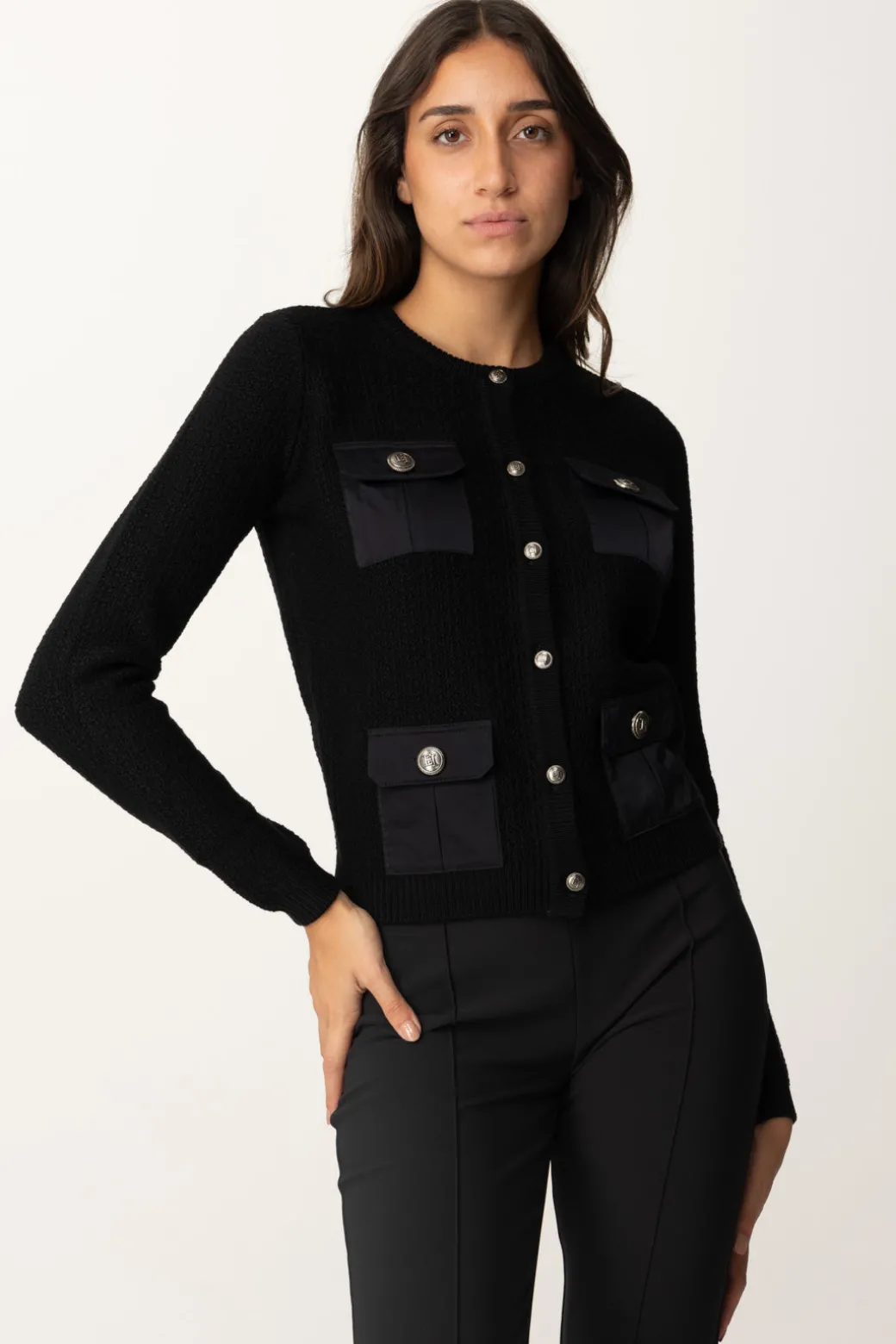 Donna Elisabetta Franchi Cardigan In Lana Bouclé con Tasche In Vela