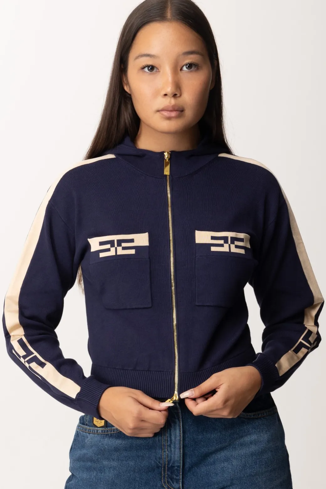 Donna Elisabetta Franchi Felpa Crop con Bande Bicolor
