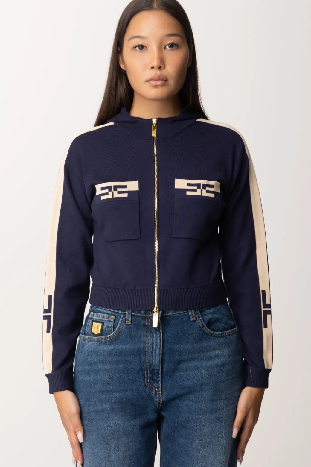 Donna Elisabetta Franchi Felpa Crop con Bande Bicolor