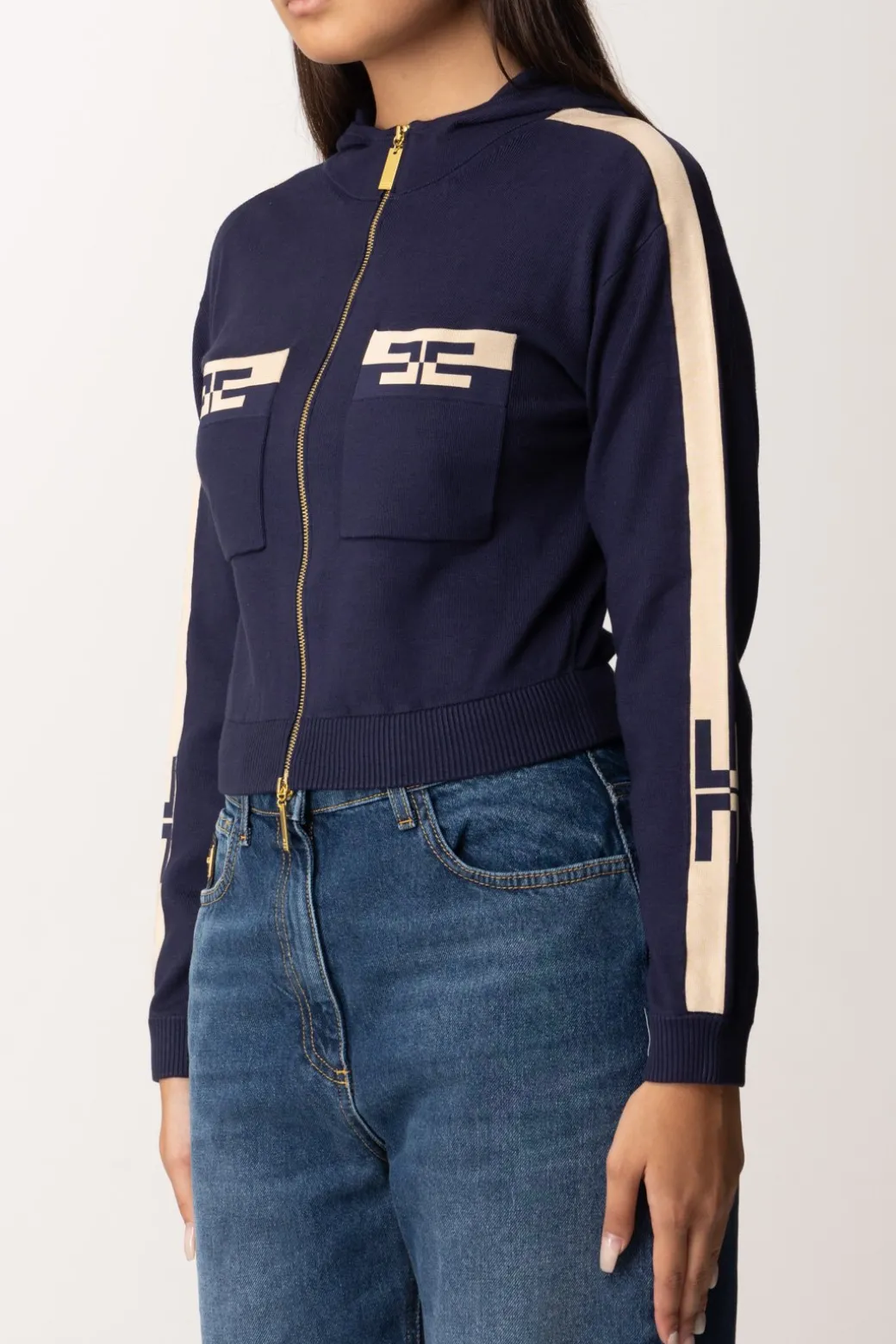 Donna Elisabetta Franchi Felpa Crop con Bande Bicolor