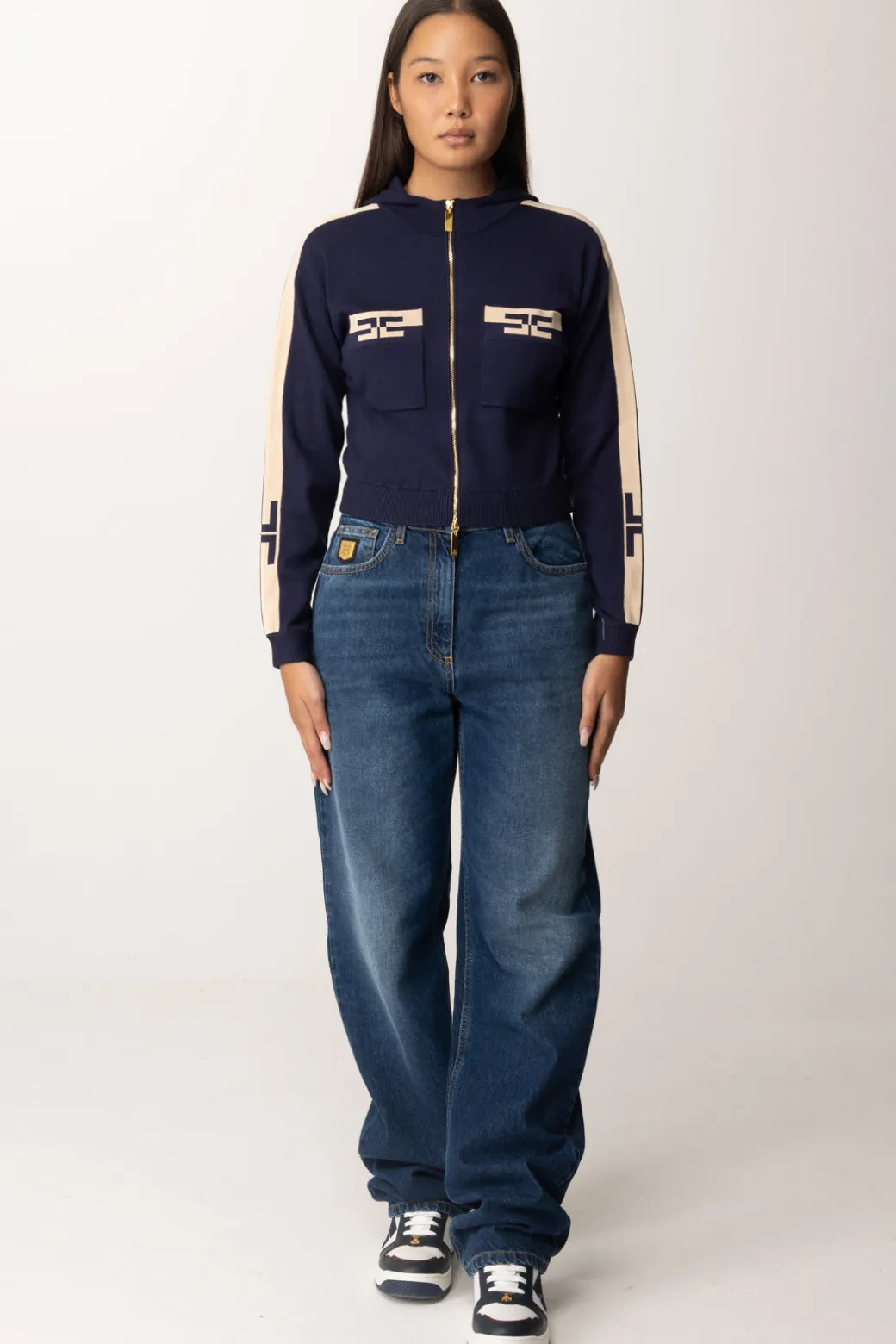 Donna Elisabetta Franchi Felpa Crop con Bande Bicolor
