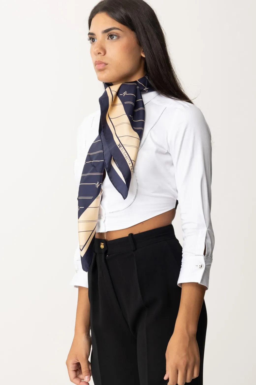 Donna Elisabetta Franchi Foulard In Seta a Righe Diagonali e Logo