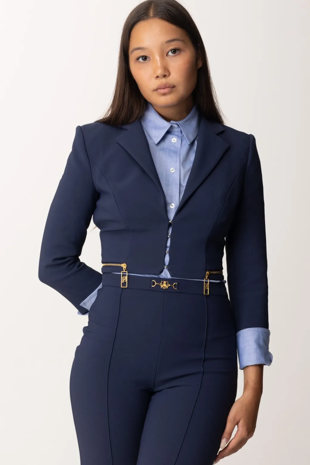 Donna Elisabetta Franchi Giacca Crop con Zip e Maniche a Tre Quarti