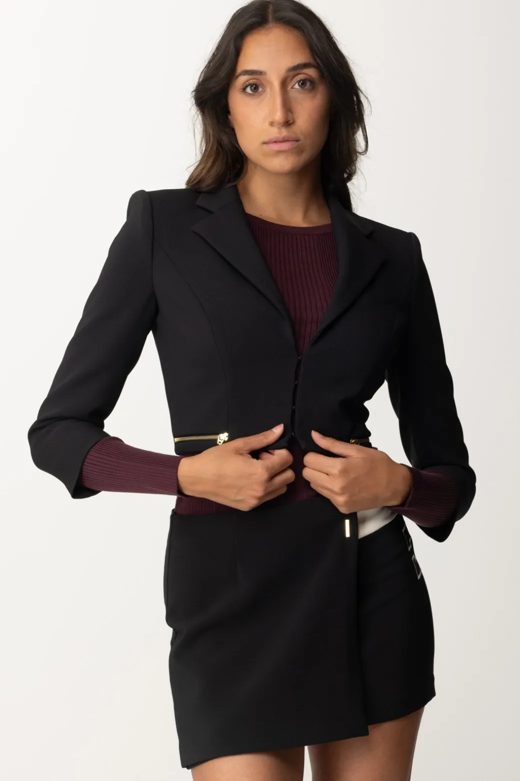 Donna Elisabetta Franchi Giacca Crop con Zip e Maniche a Tre Quarti
