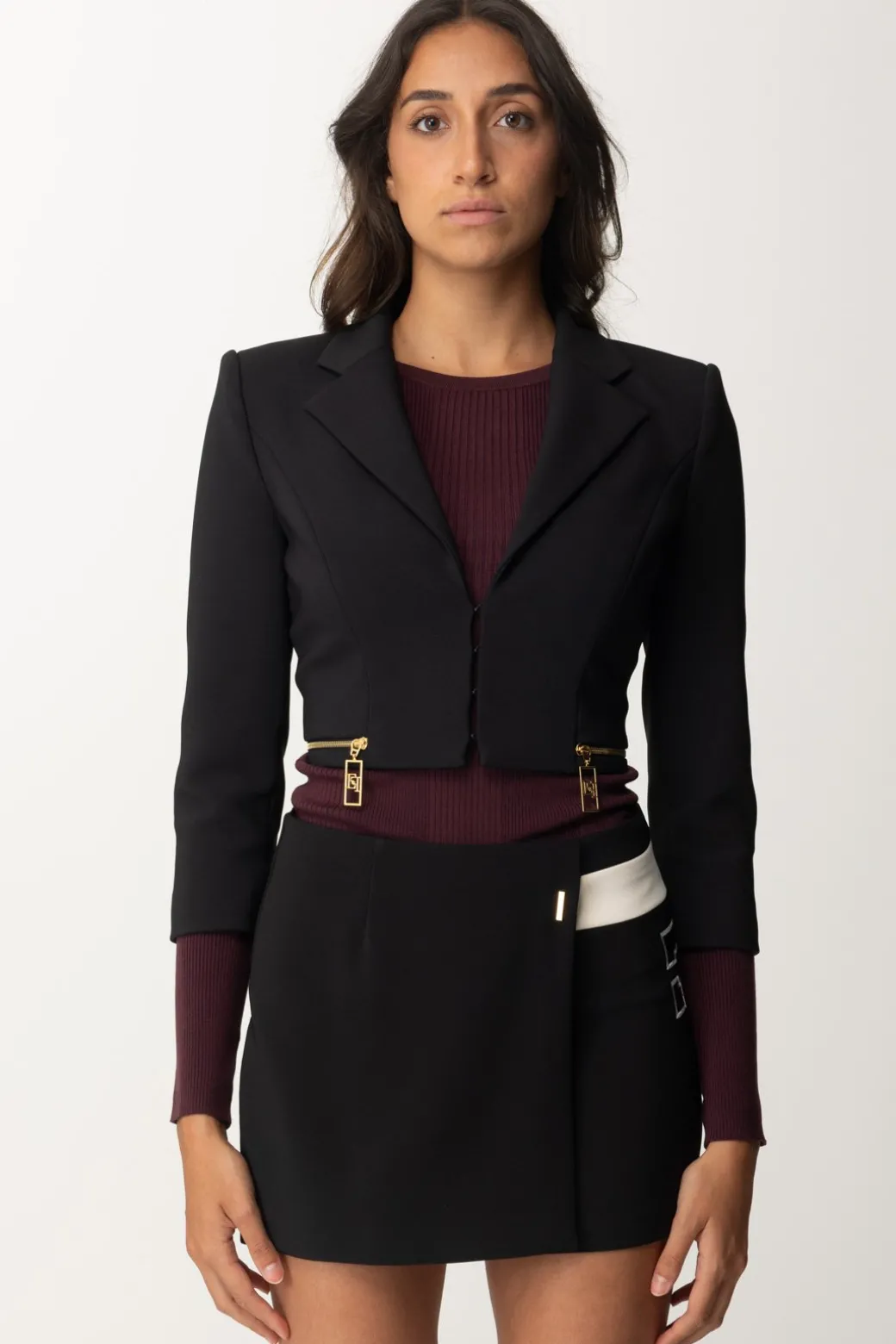 Donna Elisabetta Franchi Giacca Crop con Zip e Maniche a Tre Quarti