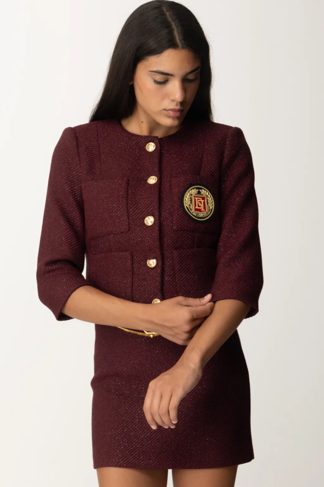 Donna Elisabetta Franchi Giacca Crop con Zip e Maniche a Tre Quarti