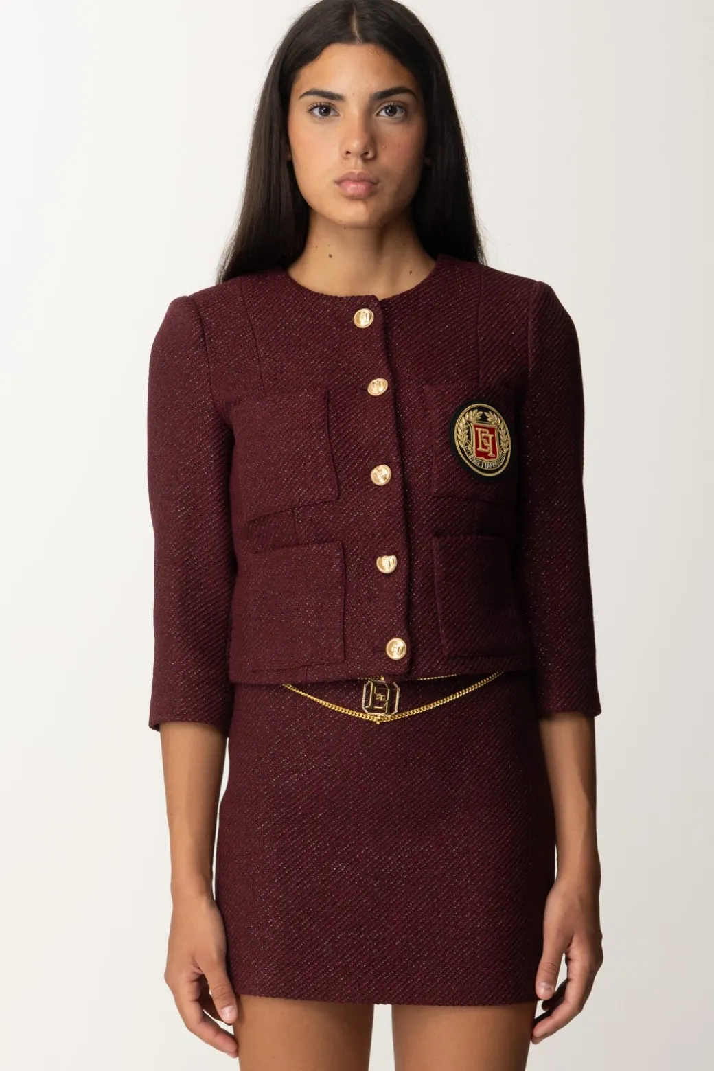 Donna Elisabetta Franchi Giacca Crop con Zip e Maniche a Tre Quarti