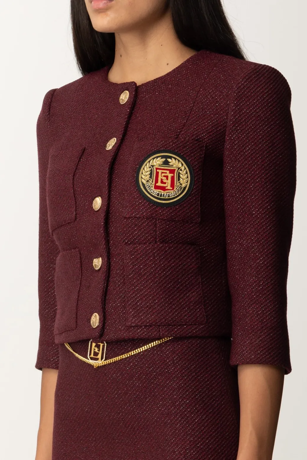 Donna Elisabetta Franchi Giacca Crop con Zip e Maniche a Tre Quarti