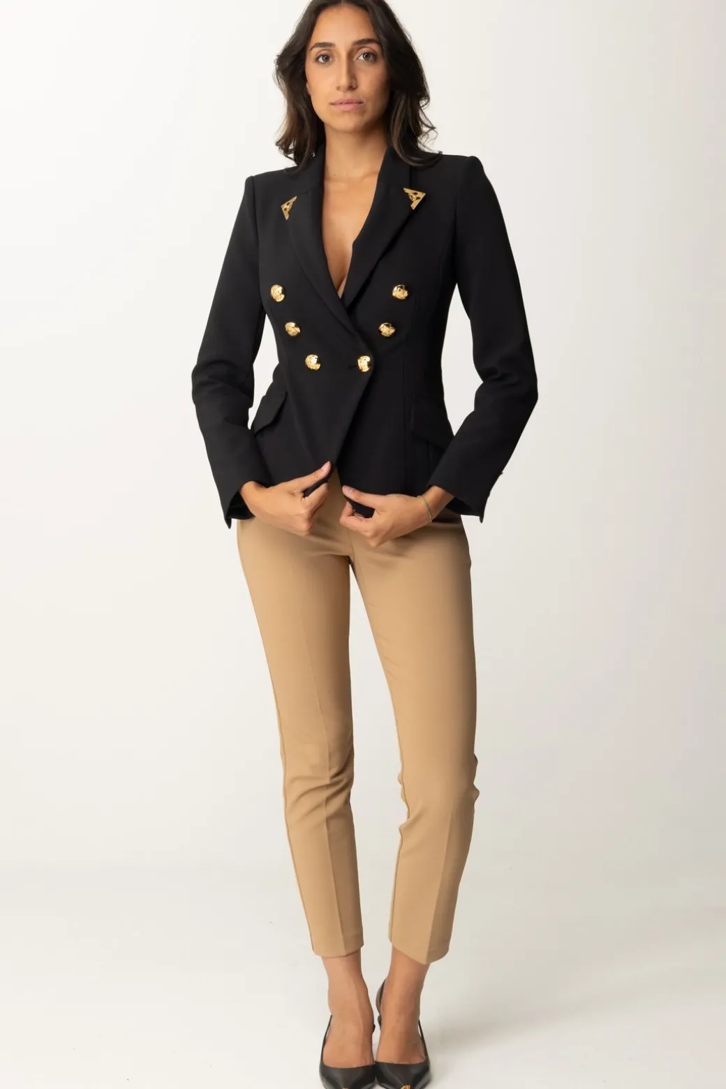 Donna Elisabetta Franchi Giacca Doppiopetto Stretch con Puntali Gold