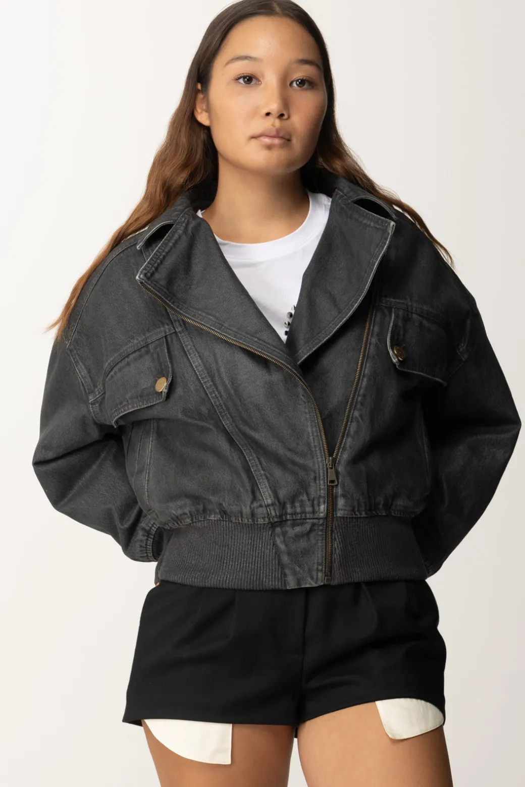 Donna Elisabetta Franchi Giubbotto Crop In Jeans Lucido