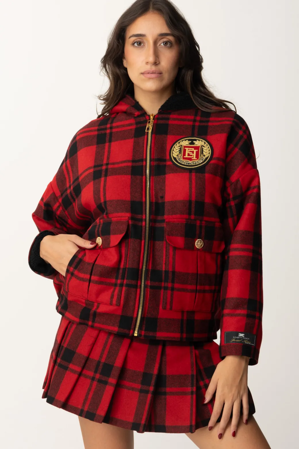 Donna Elisabetta Franchi Giubbotto In Tartan con Cappuccio e Patch