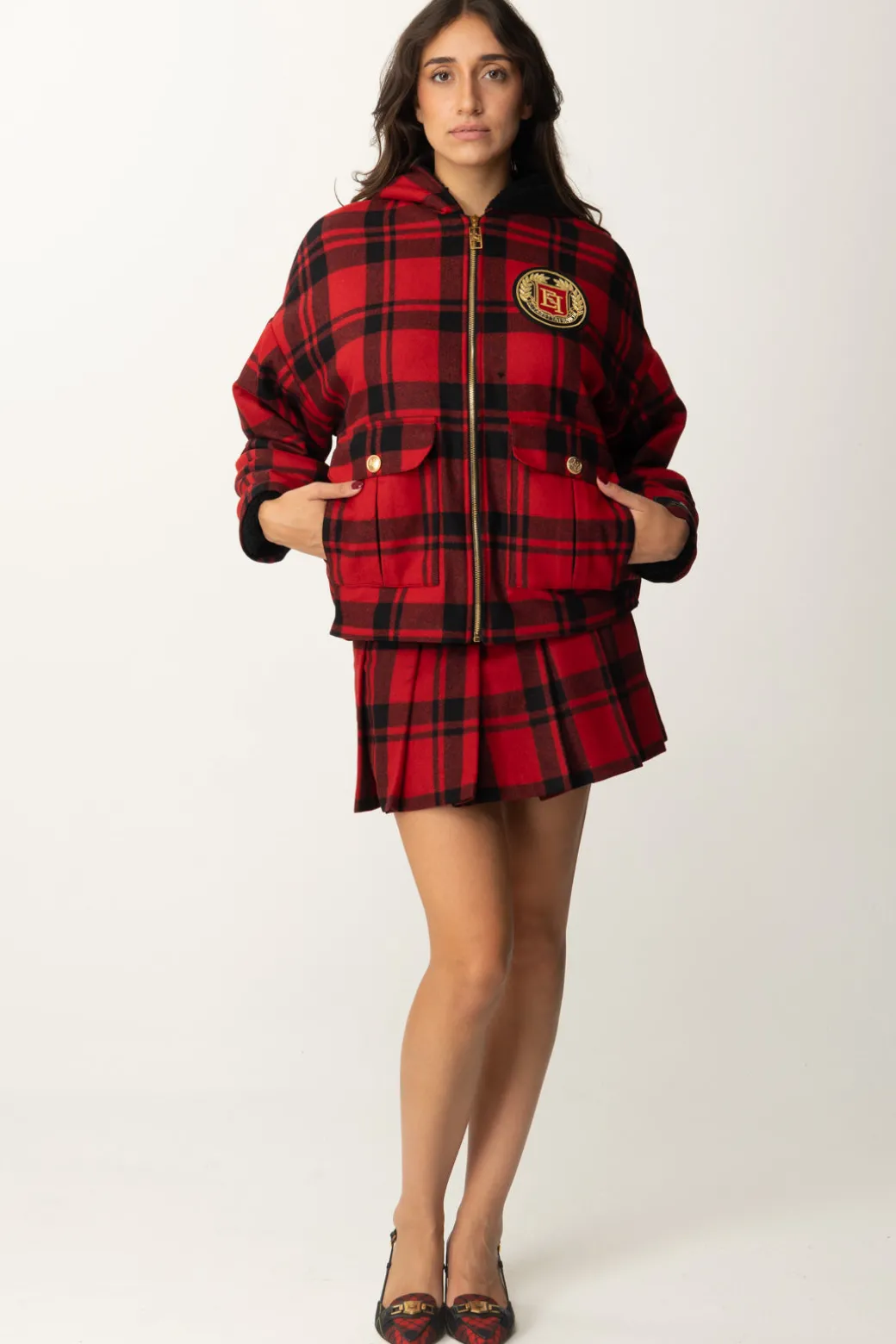 Donna Elisabetta Franchi Giubbotto In Tartan con Cappuccio e Patch