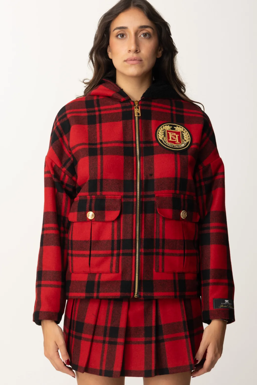 Donna Elisabetta Franchi Giubbotto In Tartan con Cappuccio e Patch