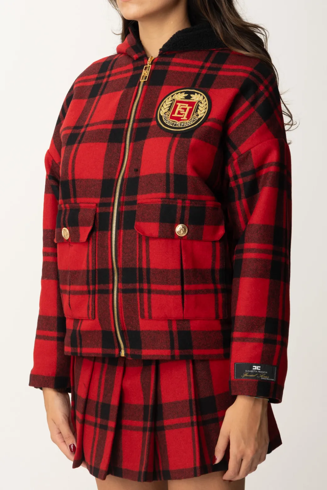 Donna Elisabetta Franchi Giubbotto In Tartan con Cappuccio e Patch