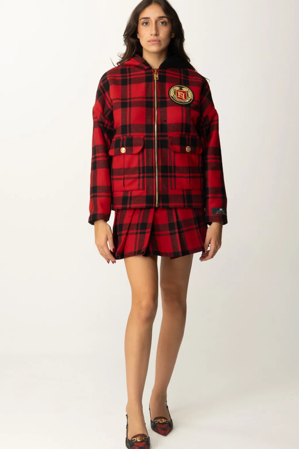 Donna Elisabetta Franchi Giubbotto In Tartan con Cappuccio e Patch