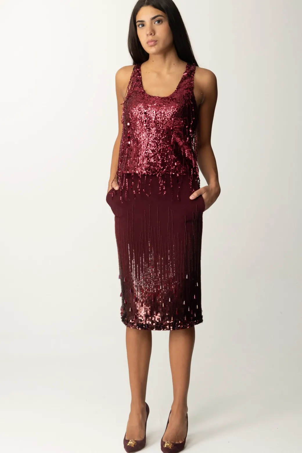 Donna Elisabetta Franchi Gonna a Tubino con Ricamo Paillettes