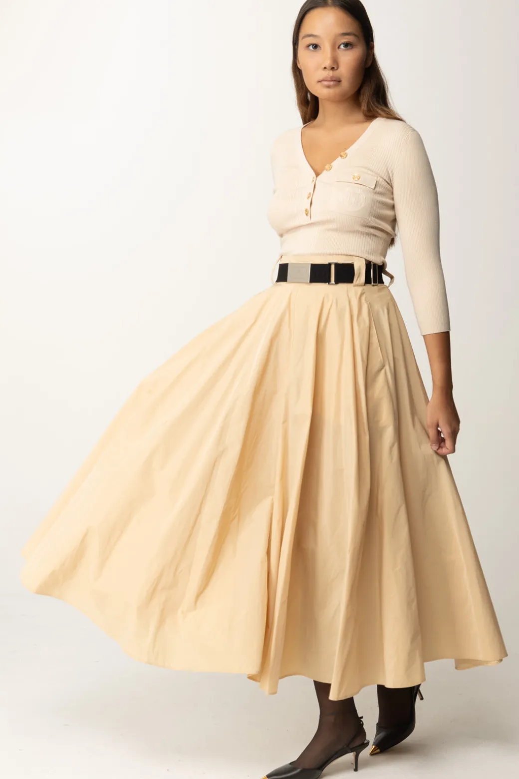 Donna Elisabetta Franchi Gonna Longuette a Pieghe con Cintura