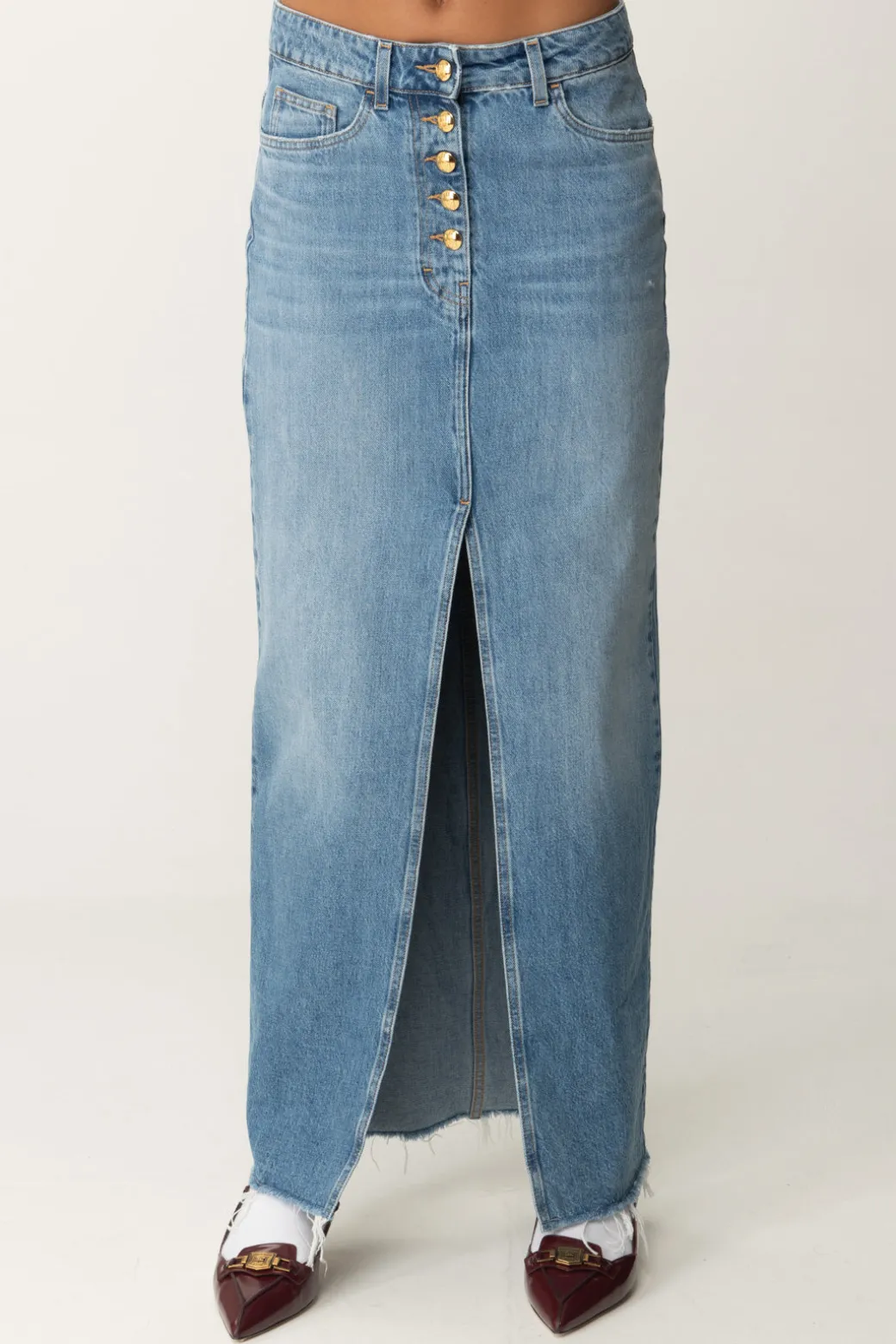 Donna Elisabetta Franchi Gonna Lunga In Jeans con Spacco Frontale