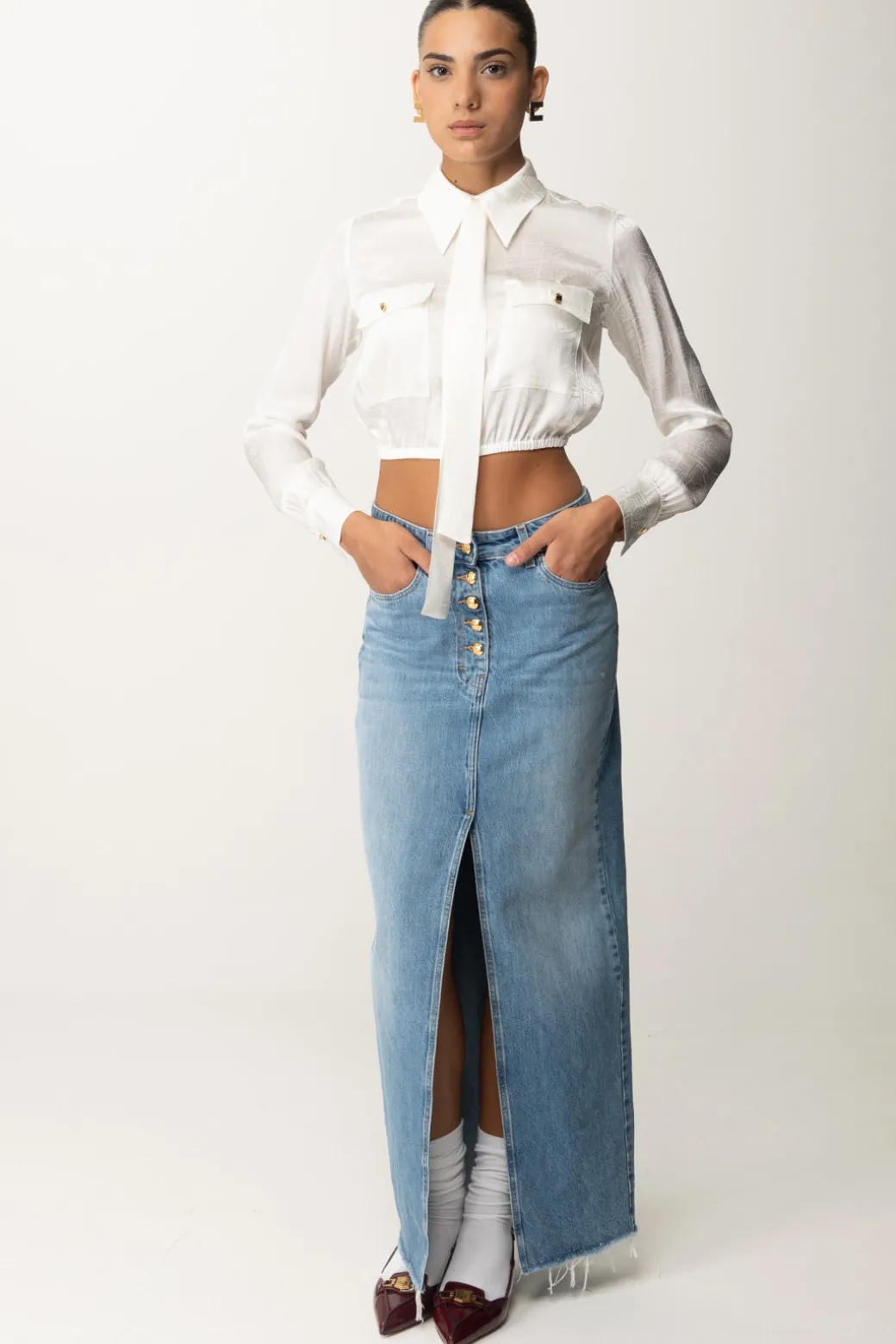 Donna Elisabetta Franchi Gonna Lunga In Jeans con Spacco Frontale