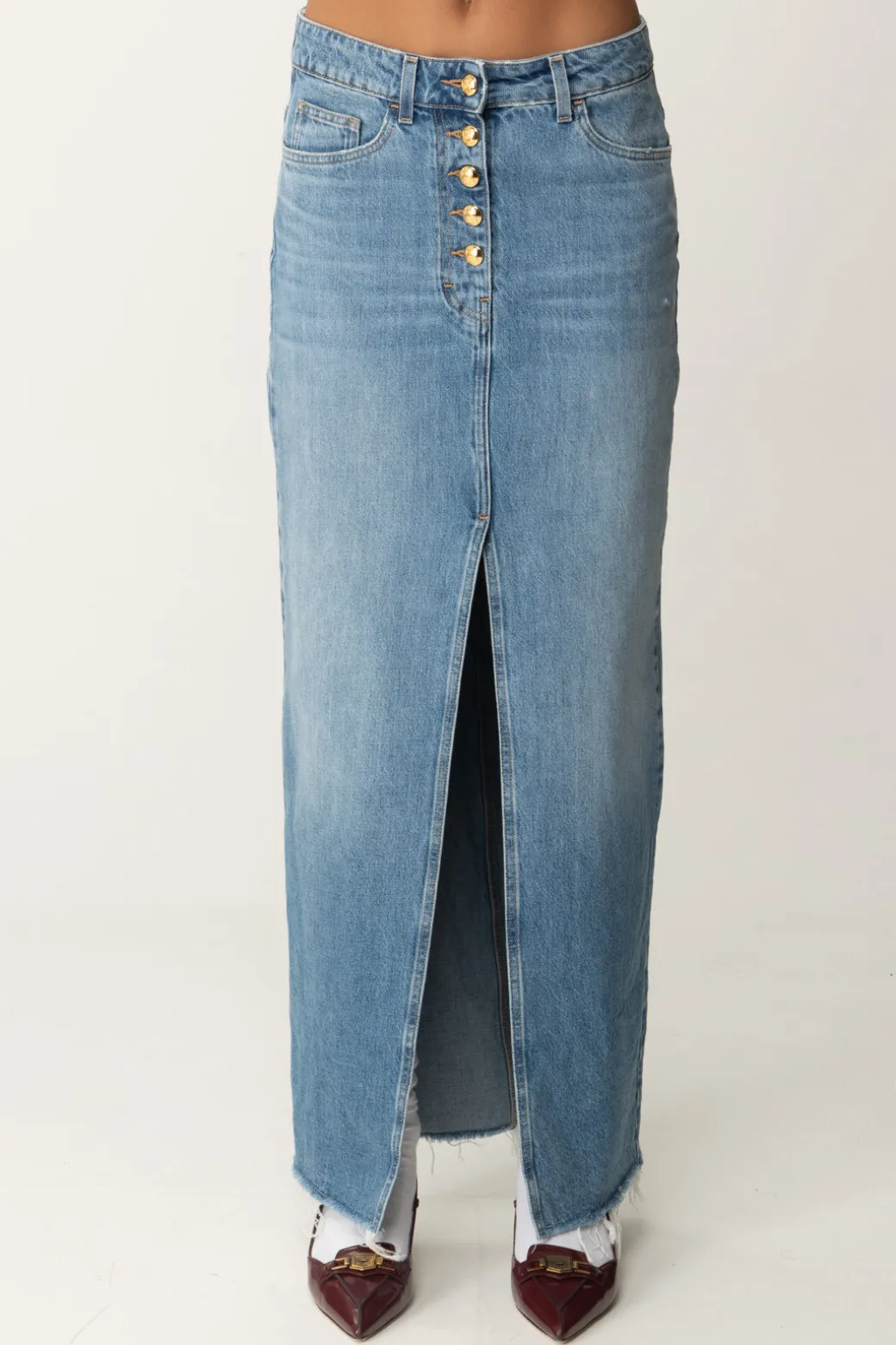 Donna Elisabetta Franchi Gonna Lunga In Jeans con Spacco Frontale
